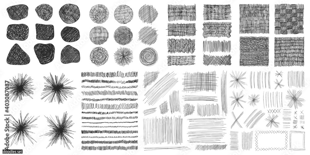 Poster doodles set. scribble collection. ink sketches. hand drawn effect vector. pencil sketch. scrawl elem