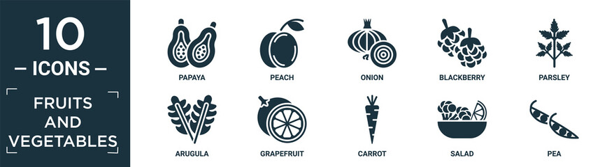 filled fruits and vegetables icon set. contain flat papaya, peach, onion, blackberry, parsley, arugula, grapefruit, carrot, salad, pea icons in editable format..