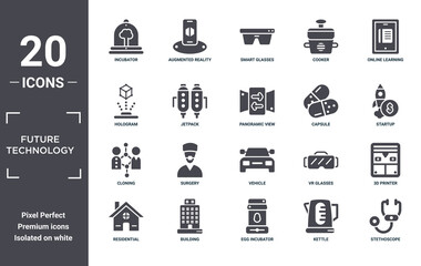 future.technology icon set. include creative elements as incubator, online learning, capsule, vehicle, building, cloning filled icons can be used for web design, presentation, report and diagram