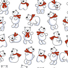 Seamless pattern with set of cute polar bears on a white background