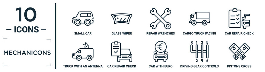 mechanicons linear icon set. includes thin line small car, repair wrenches, car repair check list, car repair check, driving gear controls, pistons cross, truck with an antenna on it icons for