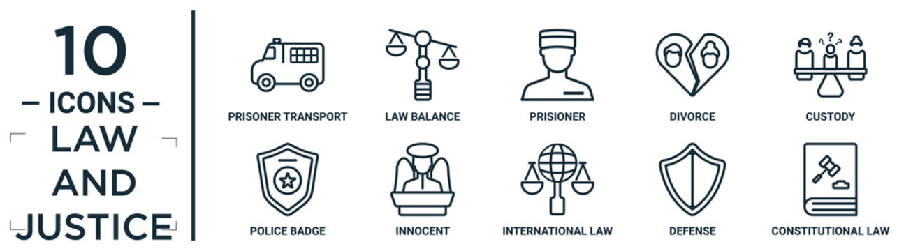 Law.and.justice Linear Icon Set. Includes Thin Line Prisoner Transport Vehicle, Prisioner, Custody, Innocent, Defense, Constitutional Law, Police Badge Icons For Report, Presentation, Diagram, Web