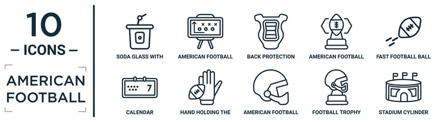 american.football linear icon set. includes thin line soda glass with a straw, back protection, fast football ball, hand holding the ball, football trophy, stadium cylinder, calendar icons for