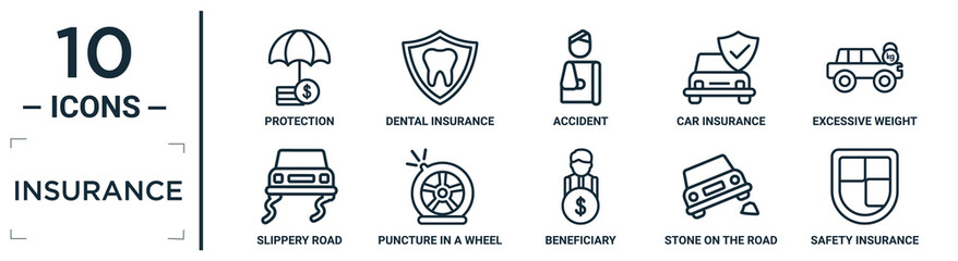 insurance linear icon set. includes thin line protection, accident, excessive weight for the vehicle, puncture in a wheel, stone on the road, safety insurance, slippery road icons for report,