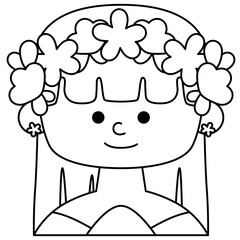 Black line art girl spring with flowers. Flat design for poster or t-shirt. Vector illustration