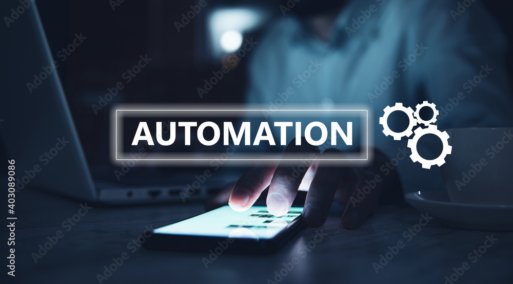 Poster holding phone with automation text in screen
