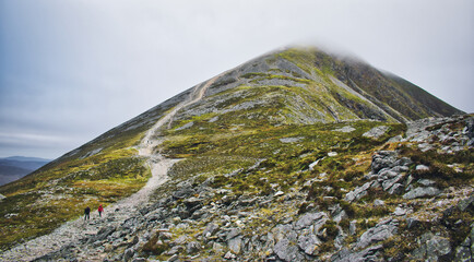 Beautiful scenery of trail that leads to Croagh Patrick mountain peak in county Mayo, Ireland 