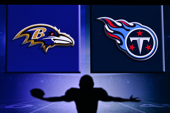 NYC, USA, JANUARY 2. 2021: NFL Wild Card Match, 2021 Play Off Season: Baltimore Ravens Vs. Tennessee Titans. . Silhouette Of Professional American Football Player. Logo Of NFL Club In Background