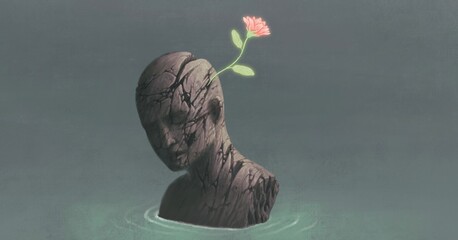 conceptual art, hope, freedom, life, soul concept, imagination red flower on broken human sculpture, surreal and fantasy artwork, nature, 3d illustration, painting © Jorm Sangsorn