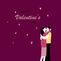 Vector Valentine's day greeting card. Flat illustration with couple in love, inscription and decorative hearts. Enamored guy and girl hug and kiss.