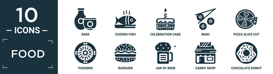 filled food icon set. contain flat sake, cooked fish, celebration cake, maki, pizza slice cut, yusheng, burguer, jar of beer, candy shop, chocolate donut icons in editable format..