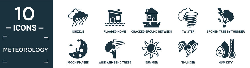 filled meteorology icon set. contain flat drizzle, flooded home, cracked ground between houses, twister, broken tree by thunder, moon phases, wind and bend trees, summer, thunder, humidity icons in.