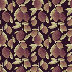 pattern with lemons on branches on a dark background, illustration watercolor hand painted