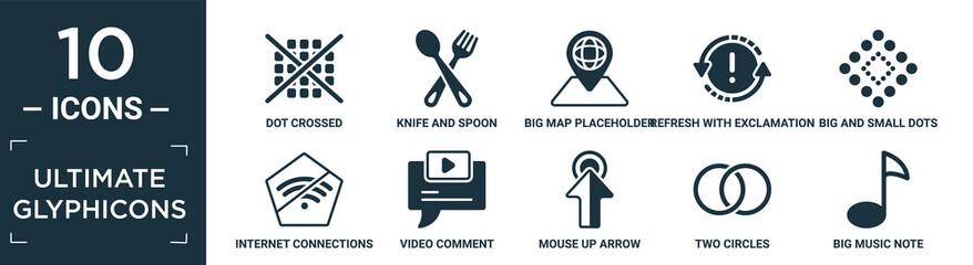 filled ultimate glyphicons icon set. contain flat dot crossed, knife and spoon crossed, big map placeholder, refresh with exclamation, big and small dots, internet connections off, video comment,.