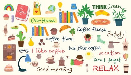 Coffee set vector illustrations. People spend their time in the cafeteria, drinking cappuccino, latte, espresso and eating desserts