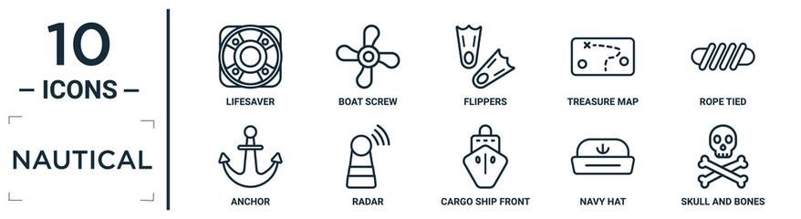 nautical linear icon set. includes thin line lifesaver, flippers, rope tied, radar, navy hat, skull and bones, anchor icons for report, presentation, diagram, web design © Digital Bazaar