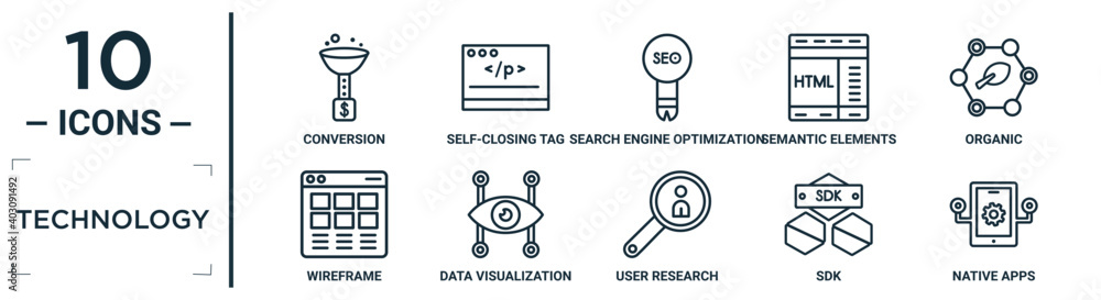 Aufkleber technology linear icon set. includes thin line conversion, search engine optimization, organic, data