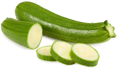 fresh green zucchini or marrow slices isolated on white background. full depth of field. clipping path