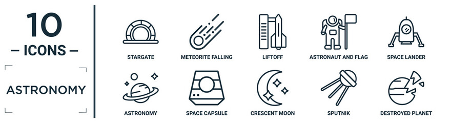 astronomy linear icon set. includes thin line stargate, liftoff, space lander, space capsule, sputnik, destroyed planet, astronomy icons for report, presentation, diagram, web design © Digital Bazaar