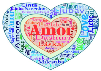 Word cloud with the word love in 37 different languages on transparent background