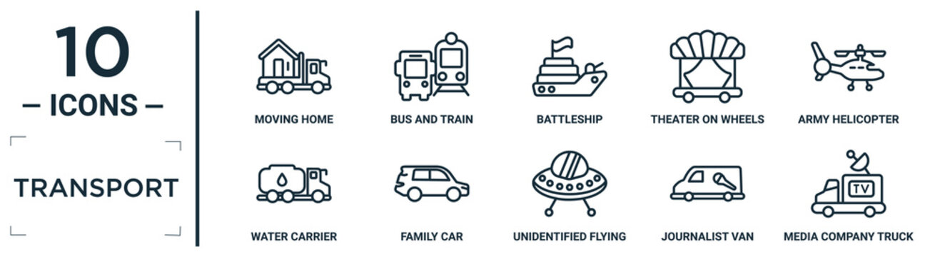 Transport Linear Icon Set. Includes Thin Line Moving Home, Battleship, Army Helicopter, Family Car, Journalist Van, Media Company Truck With Satellite, Water Carrier Icons For Report, Presentation,