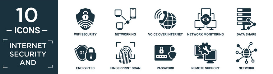 filled internet security and icon set. contain flat wifi security, networking, voice over internet protocol, network monitoring, data share, encrypted, fingerprint scan, password, remote support,.