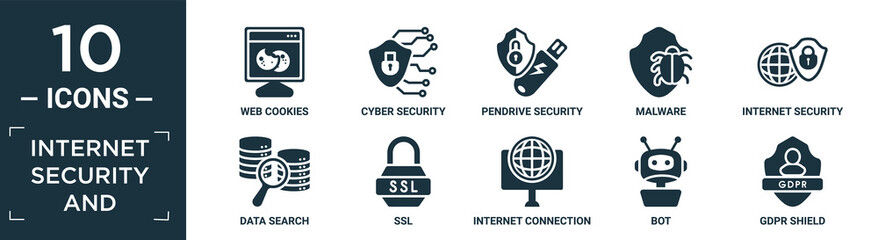 filled internet security and icon set. contain flat web cookies, cyber security, pendrive security, malware, internet security, data search, ssl, internet connection, bot, gdpr shield icons in.