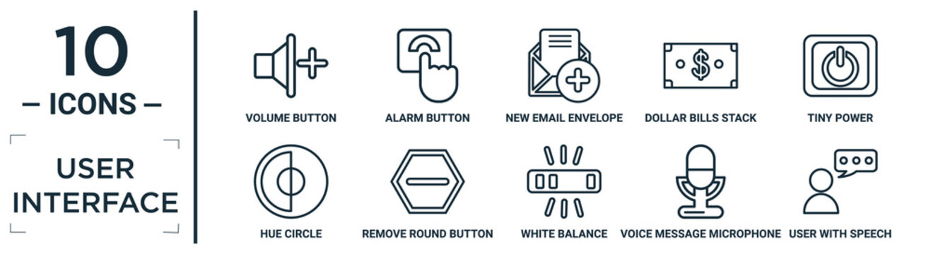 User.interface Linear Icon Set. Includes Thin Line Volume Button, New Email Envelope, Tiny Power, Remove Round Button, Voice Message Microphone Button, User With Speech Bubble, Hue Circle Icons For