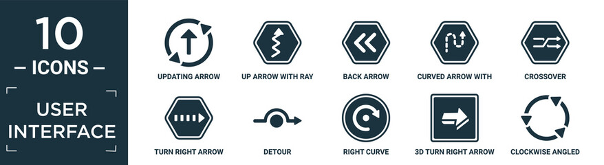 filled user interface icon set. contain flat updating arrow, up arrow with ray tracing, back arrow, curved with broken line, crossover, turn right with broken line, detour, right curve, 3d turn.