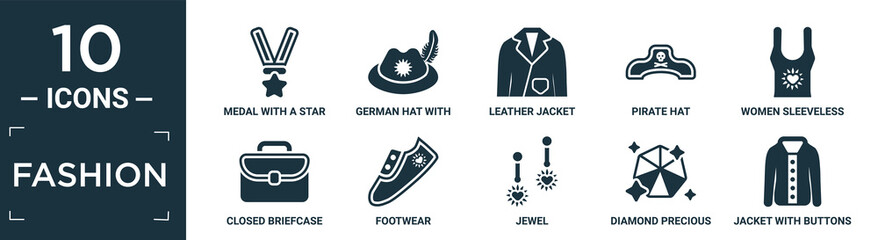 filled fashion icon set. contain flat medal with a star, german hat with small feather, leather jacket, pirate hat, women sleeveless shirt, closed briefcase, footwear, jewel, diamond precious stone,.