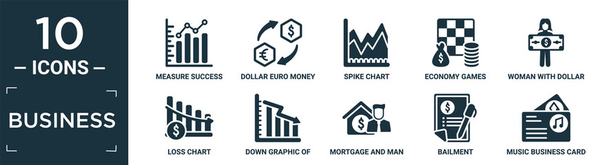 filled business icon set. contain flat measure success, dollar euro money exchange, spike chart, economy games, woman with dollar bill, loss chart, down graphic of business stats, mortgage and man,.