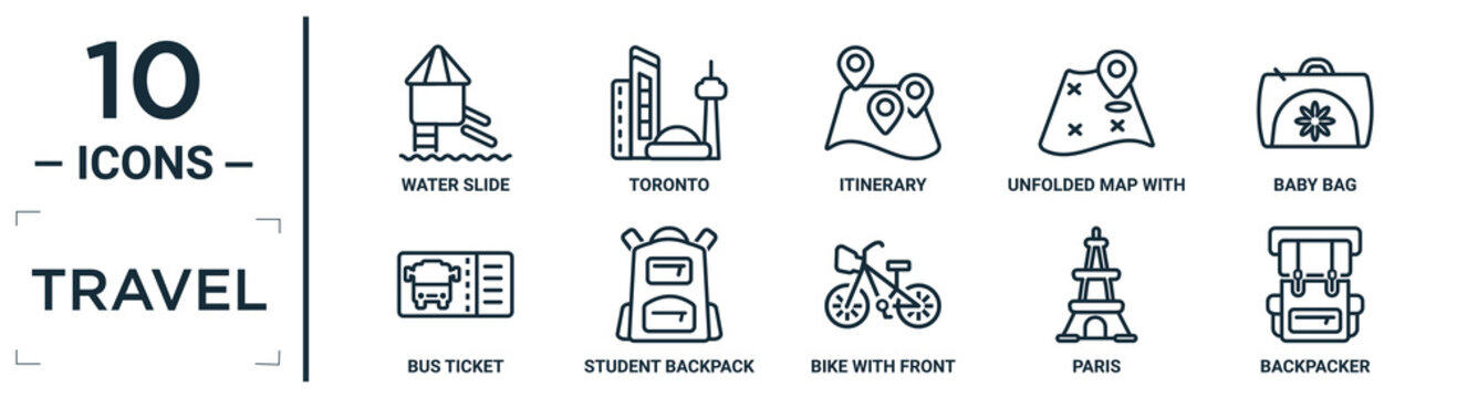 Travel Linear Icon Set. Includes Thin Line Water Slide, Itinerary, Baby Bag, Student Backpack, Paris, Backpacker, Bus Ticket Icons For Report, Presentation, Diagram, Web Design