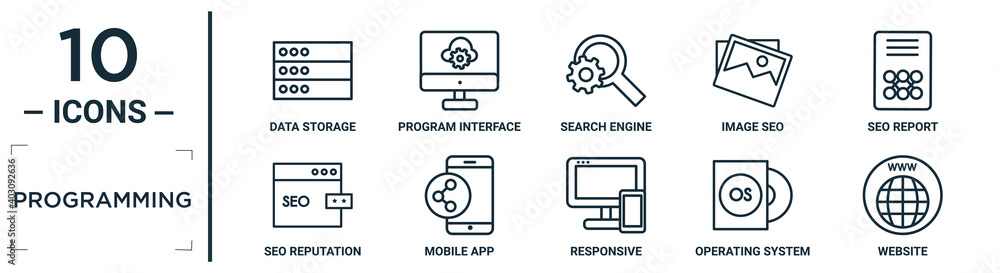 Aufkleber programming linear icon set. includes thin line data storage, search engine, seo report, mobile app,
