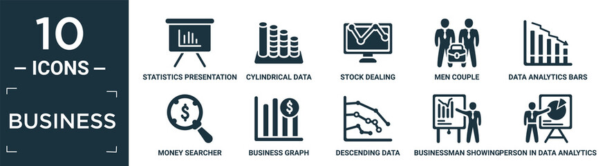 filled business icon set. contain flat statistics presentation, cylindrical data graphic, stock dealing, men couple, data analytics bars chart with descendant line, money searcher, business graph,.