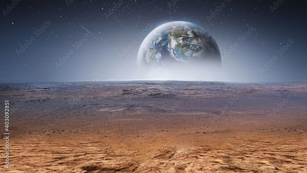 Aufkleber Earth planet in the sky over desert and stones. View on planet from Mars surface. Abstract sci-fi wallpaper. Elements of this image furnished by NASA