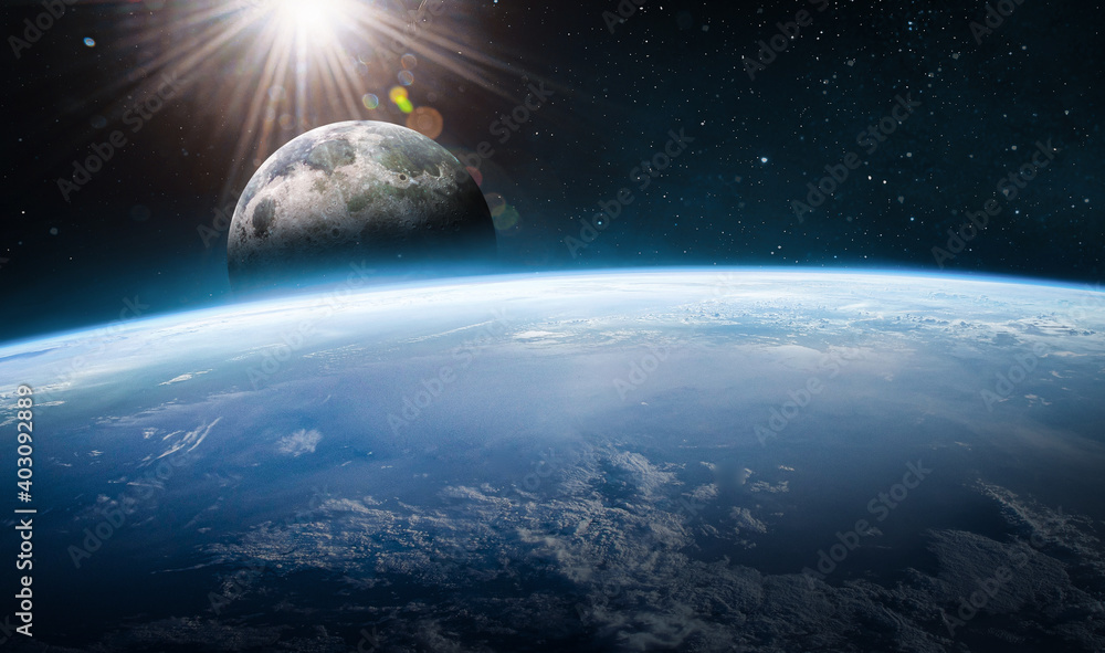 Leinwandbilder planet earth and moon satellite in outer space. stars and galaxies on background. nebula. elements o