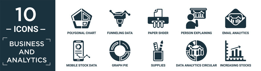 filled business and analytics icon set. contain flat polygonal chart, funneling data, paper shder, person explaining strategy, email analytics, mobile stock data, graph pie, supplies, data analytics.
