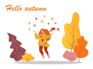 The girl jumps and throws autumn leaves in the forest. Autumn mood concept. Vector flat illustration.