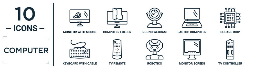 computer linear icon set. includes thin line monitor with mouse cursor, round webcam, square chip, tv remote, monitor screen, tv controller, keyboard with cable icons for report, presentation,