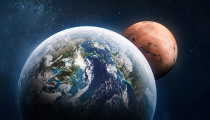 Earth and Mars collage. Planets in solar system. Voyage and exploration of Mars. Place for infographics. Elements of this image furnished by NASA