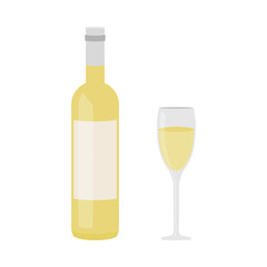 Simple wine bottle and white wine glass for wine tasting concept in outline vector