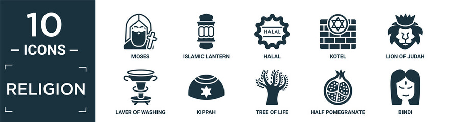 filled religion icon set. contain flat moses, islamic lantern, halal, kotel, lion of judah, laver of washing, kippah, tree of life, half pomegranate, bindi icons in editable format..