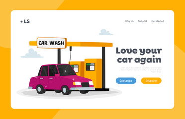 Automobile in Car Wash Service Landing Page Template. Automated Cleaning with Equipment for Dirt and Dust Removal