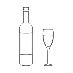 Simple white wine bottle and wine glass in outline vector