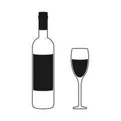 Simple white wine bottle and wine glass in vector icon