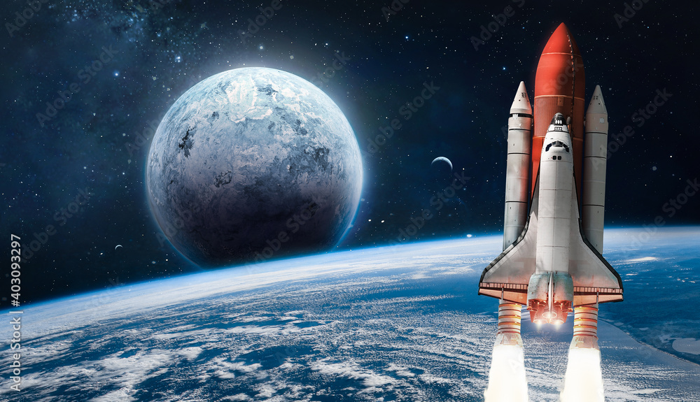 Aufkleber Space shuttle launch in the open space over the Earth. Ocean and sky under space ship. Planets in deep space. Elements of this image furnished by NASA