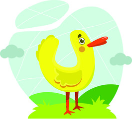Funny background with a little duckling in a forest glade. Flat design.