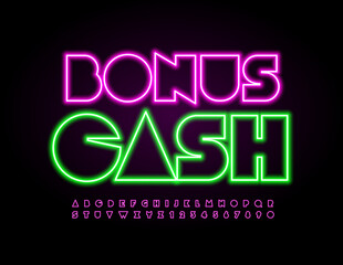 Vector promo flyer Bonus Cash. Glowing bright Font. Pink Neon Alphabet Letters and Numbers set