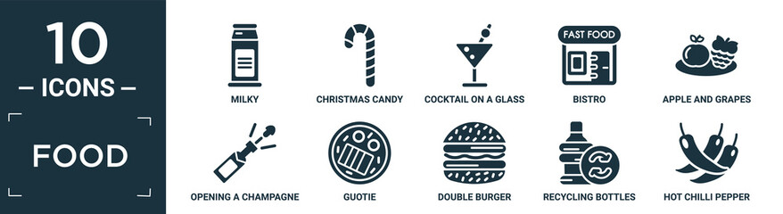 filled food icon set. contain flat milky, christmas candy sticks, cocktail on a glass, bistro, apple and grapes, opening a champagne bottle, guotie, double burger, recycling bottles, hot chilli.