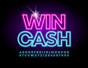 Obraz premium Vector neon board Win Cash. Bright electric Font. Glowing light Alphabet Letters and Numbers set